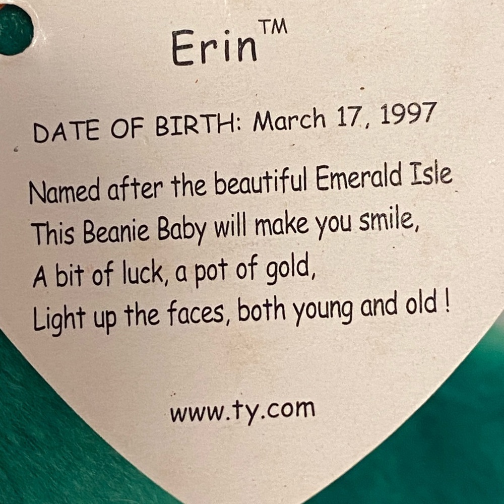 TY Erin Beanie Baby Babies Erin embroidered shamrock teddy bear 90s 1997 vintage - Picture 14 of 16